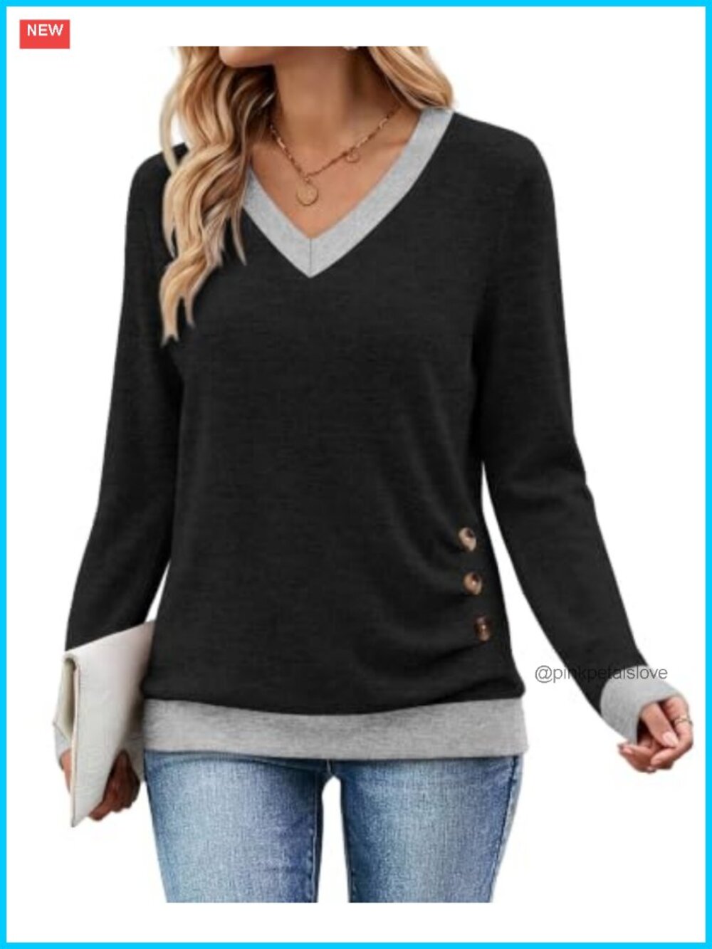 Womens V-Neck Long Sleeve Tunic Top Contrast Trim Buttons